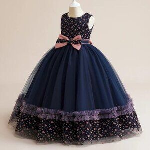 Luxury Girls Navy Tulle Formal Dress Bow Flower Girl Wedding Party Long Gown